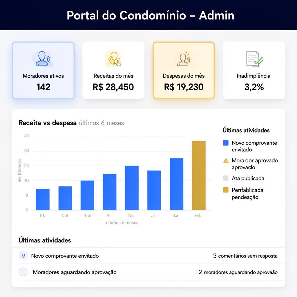 Tela do dashboard do síndico — Tudo sob controle em uma única tela