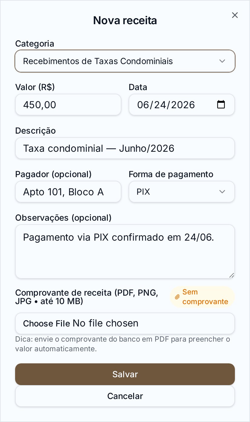 Tela do inserir nova receita — Lançar uma receita leva menos de 30 segundos